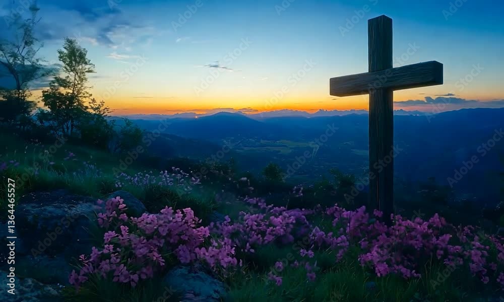 Glowing Cross on Serene Hill at Peaceful Sunrise Landscape