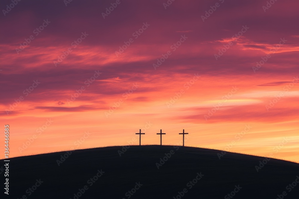 Obraz premium Three crosses on hill with sunset sky, Easter resurrection background, holy week concept, copy space for text, lent season, religious holiday