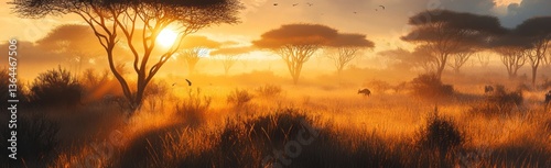 Golden Sunrise Illuminating the African Savannah Landscape and Wildlife