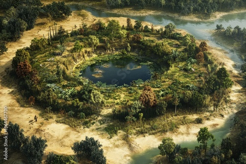 Interconnected habitats create a circular ecosystem thriving in the heart of a desert landscape.