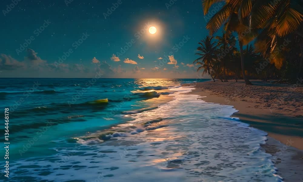 Glowing Moonlit Tropical Beach with Swaying Palm Trees and Shimmering Waves Under Tranquil Night Sky