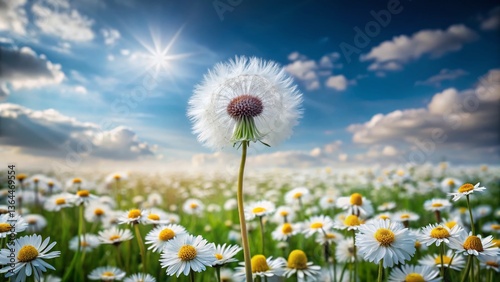 Lonely Dandelion Seed Head Amongst Daisies in English Meadow