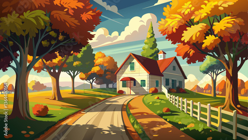 charming rural driveway lined with towering trees whose summer leaves sway gently in the breeze