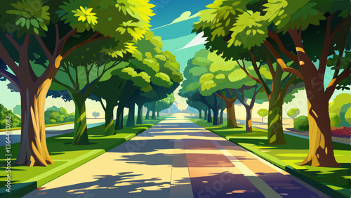 vector of sunny driveway lined with lush green summer trees, their leaves casting dappled shadows on the ground
