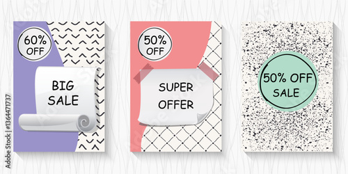 Big sale banner set. Special offer price label design. Super Sale promotion banner template. Doodle background. Vector Illustration