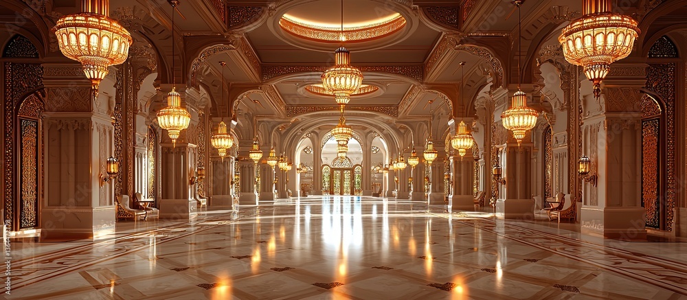 Obraz premium A grand opulent hall featuring chandeliers and marble flooring
