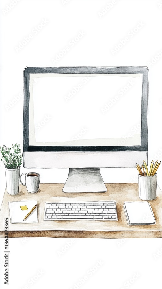 Fototapeta premium Minimal Office Desk Setup Watercolor Illustration.A watercolor illustration of a computer desk with stationery, a coffee mug, plant and keyboard in a clean workspace layout.