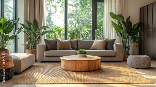 Modern living room, sunlight, plants, sofa, relaxation, home decor, interior design, stock photo