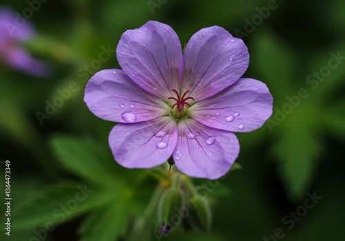 優しい紫の花 雫光る 穏やかな朝