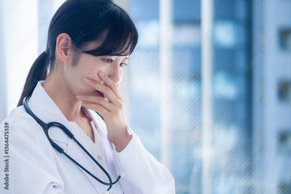 A young Asian female doctor in a white lab coat stands in a hospital corridor, looking worried and covering her mouth with her hand. She appears to be in deep thought or concern.