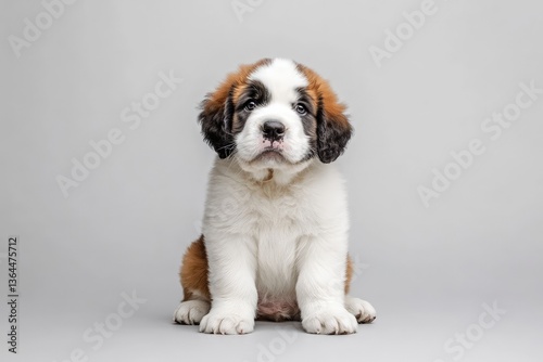 Saint Bernard puppy sitting, droopy face, thick fur, realistic lighting, isolated
