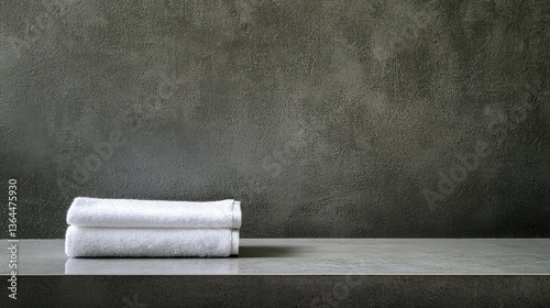 Stacked white towels sit upon a gray surface wall backdrop