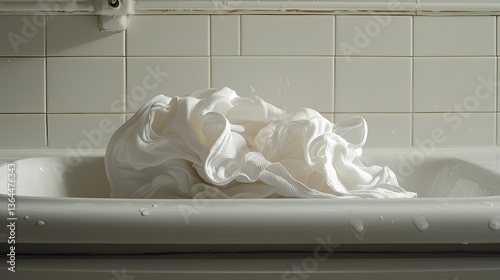 White fabric inside a porcelain bathtub with water droplets present
