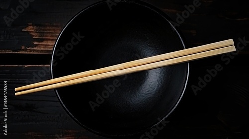 Wooden Chopsticks Resting Across A Dark Black Empty Bowl