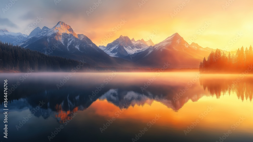Obraz premium A serene sunrise over a calm lake, reflecting the golden-orange hues of a mountain range with snow-capped peaks