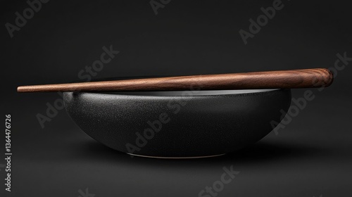 A dark ceramic bowl and a wooden stick rest on it