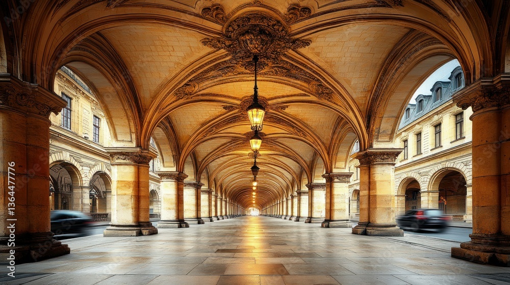 Fototapeta premium Paris Covered Passageway, Morning Sunlight, Empty Streets, City Architecture