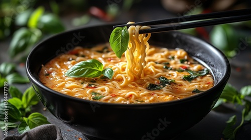 **A premium food photography image showcasing a black ceramic noodle bowl, chopsticks delicately lifting a strand, with fresh green leaves providing a touch of contrast.