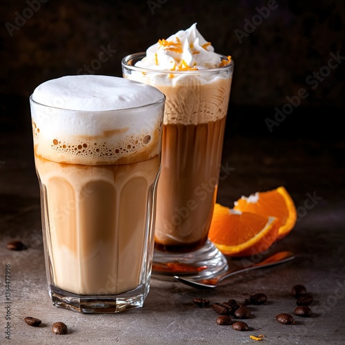 Coffee latte and viennese coffee with whipped cream and orange zest