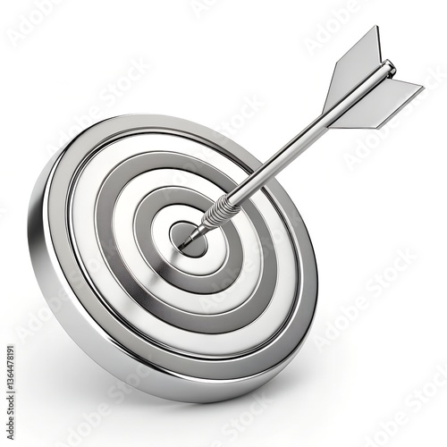 Silver metallic target, bullseye design, arrow hitting center, precision concept, shiny chrome finish, circular shape, 3D rendering, minimalist, isolated  on white background Download.