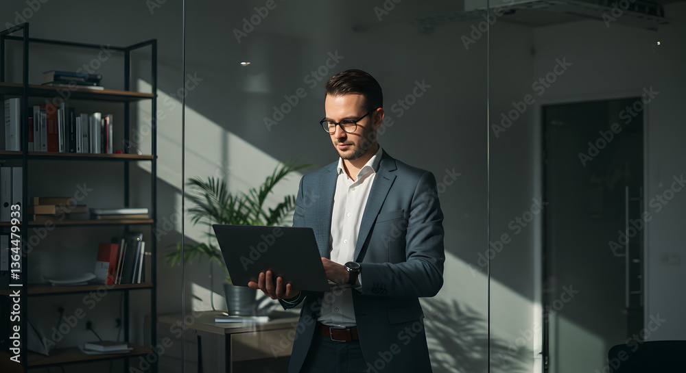 Businessman Working on Laptop in Modern Office Businessman Working on Laptop in Modern Office