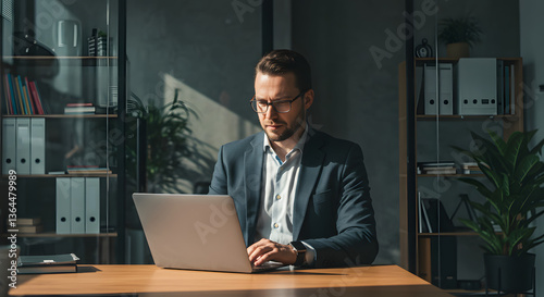 Professional Man Working on Laptop in Modern Office