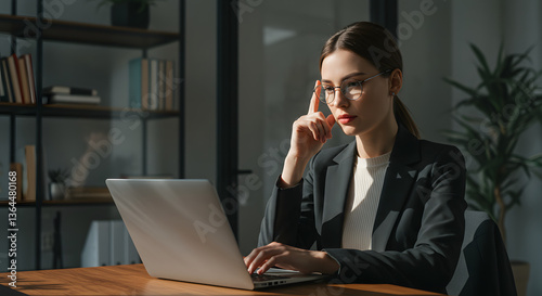 Professional Woman Working on Laptop in Modern Office