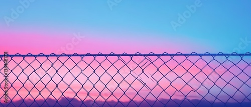 Surreal Chain-Link Fence with Pastel Sky Minimalist Dreamscape View