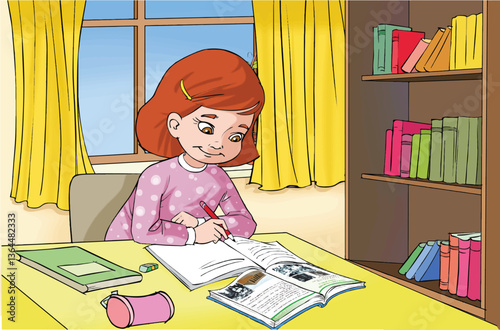 Cartoon little girl studying in her room.