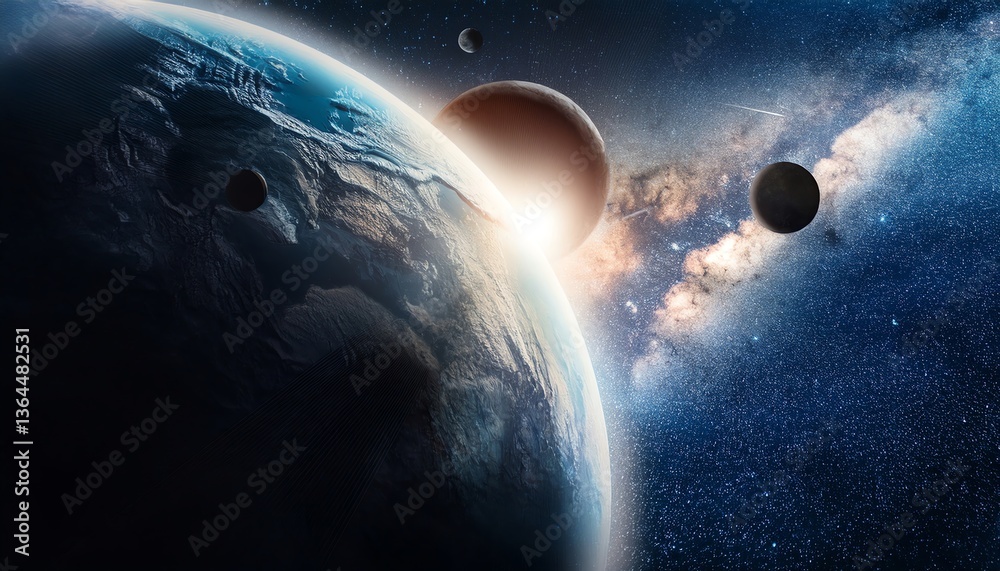 Fototapeta premium A stunning cosmic scene depicting Earth and multiple planets against a backdrop of stars and the Milky Way galaxy.