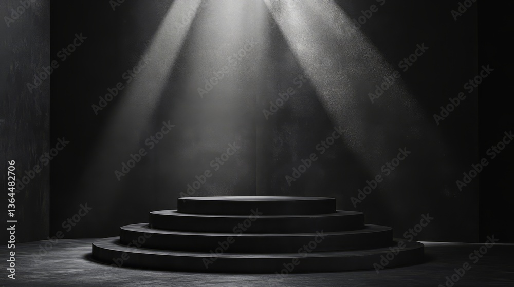 Obraz premium Tiered podium in matte black under a focused spotlight, sleek and bold 
