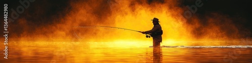A lone angler casts a line into fiery sunset waters, creating a dramatic silhouette against the vibrant backdrop