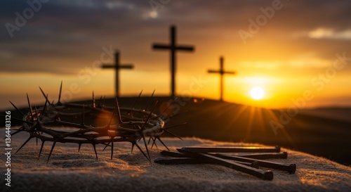 Crown of thorns and nails with three crosses at sunset