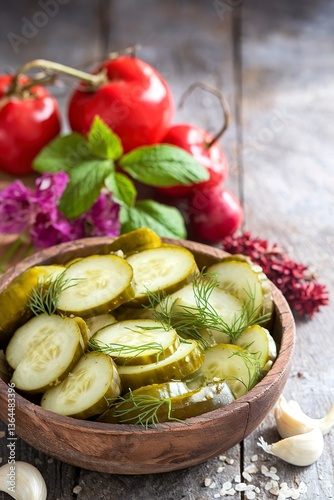 Pickled cucumber with dill and garlick in a rustic wooden bowl