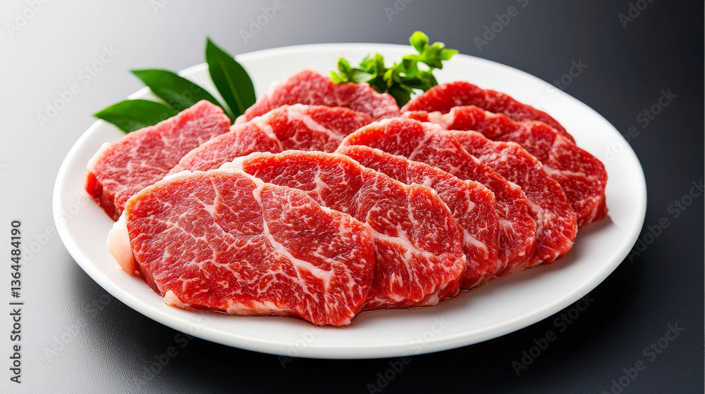 Succulent Slices: A tantalizing display of fresh, raw meat slices arranged on a pristine white plate, ready to be savored, capturing the essence of culinary delight. Succulent Slices: A tantalizing display of fresh, raw meat slices arranged on a pristine white plate, ready to be savored, capturing the essence of culinary delight.
