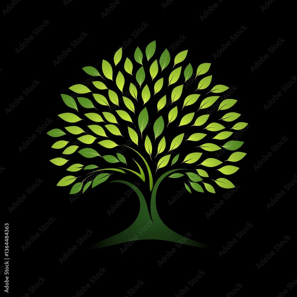 Naklejka premium Green Leafy Tree Illustration on Black Background, Signifying Growth, Nature and Natural Beauty.