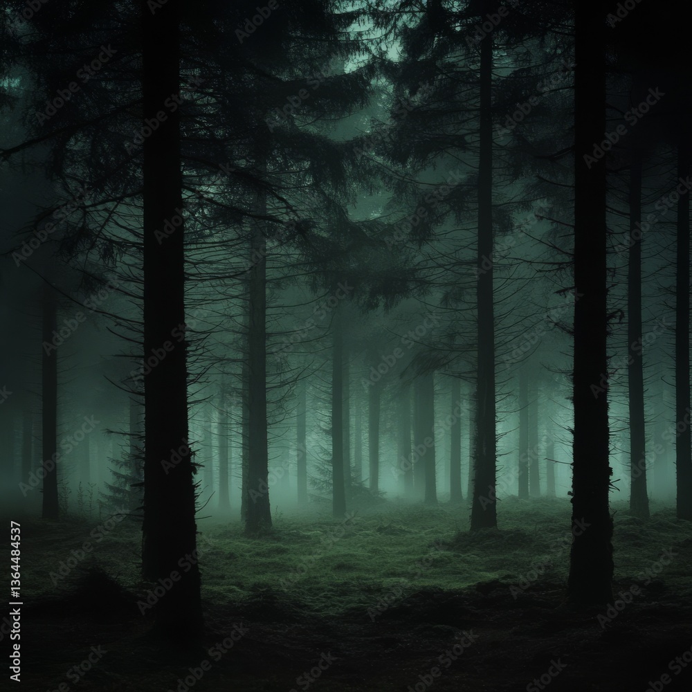 Obraz premium Mysterious Dark Forest: A Foggy, Atmospheric View with Tall Trees and Lush Green Undergrowth