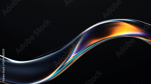 Abstract holographic curved wave fluids flowing on black background,transparent blue orange violet black gradient glass or metal flow background for banner wallpaper poster cover design with design