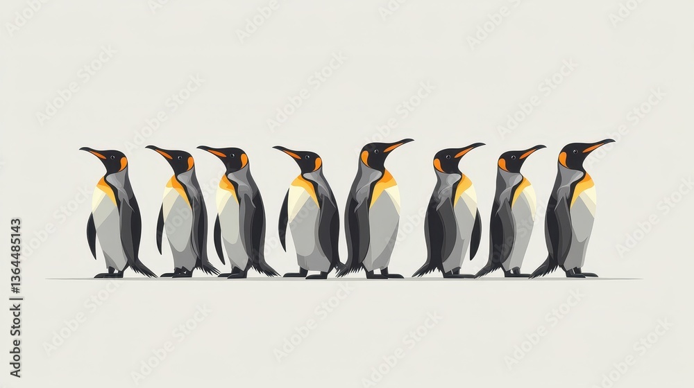 Obraz premium King Penguins Parade with Antarctica, and Wildlife Illustration.