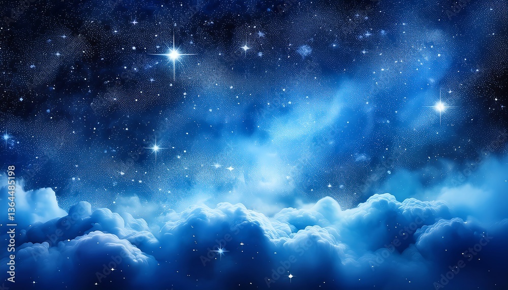 Fototapeta premium A stunning cosmic scene showing a starry sky filled with bright stars and deep blue clouds, evoking a sense of wonder and tranquility.