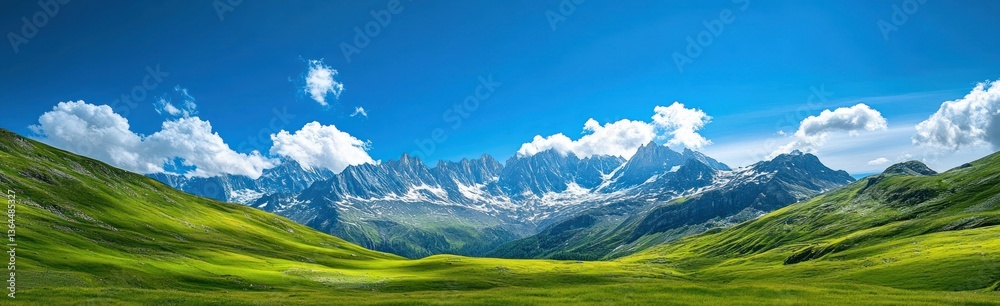 Fototapeta premium Idyllic French Alps Scenery with Green Grasslands and Snowy Peaks Panorama