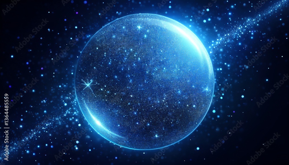 Obraz premium A vibrant, glowing sphere surrounded by sparkling stars and cosmic dust, evoking a sense of wonder and celestial beauty.