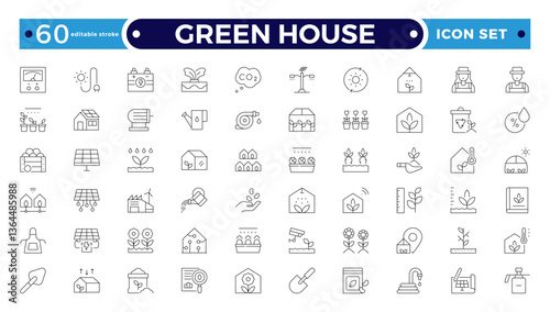 Green House outline icon set with conservation, reduce waste, consumption, management, efficiency, gas emission and green house. Eco related icons. Editable stroke outline icon.
