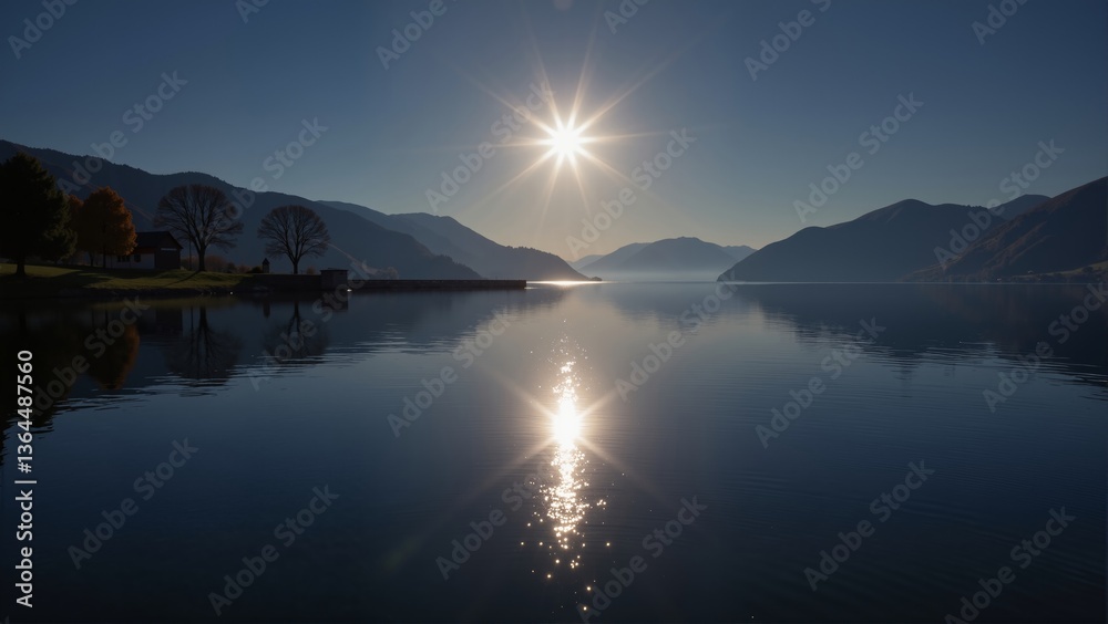 Obraz premium Lake Geneva Glow in Switzerland Lausanne shines brightly over calm lake, reflective surface, peaceful scenery. Concept of natural beauty, Lake Geneva Glow in Switzerland Lausanne landscape.