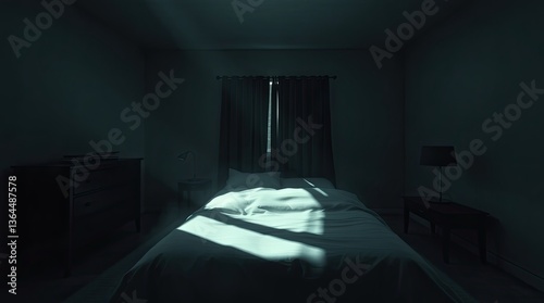 Dark bedroom illuminated by a thin stream of sunlight