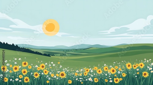 Sunny Summer Field Landscape.