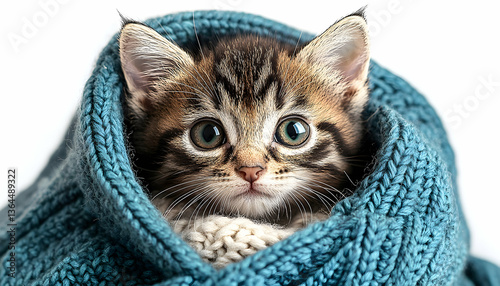 Adorable striped kitten wrapped in a cozy blue knit blanket, looking curiously at the camera