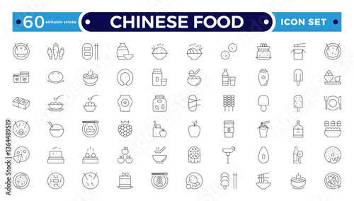 Chinese Food icon set. Includes Soup, Bowl, Chinese, Food, Kitchen, Meal, Burger, donut, French fries, hot dog, kabab, pizza, ice cream, pizza, and More. Editable stroke outline icon.
