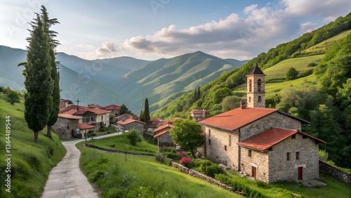 Mountain Village Surrounded by Lush Green Hills