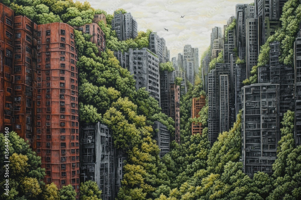 Obraz premium An intricate mural of a cityscape being covered by vibrant graffiti, blending art and urban life.